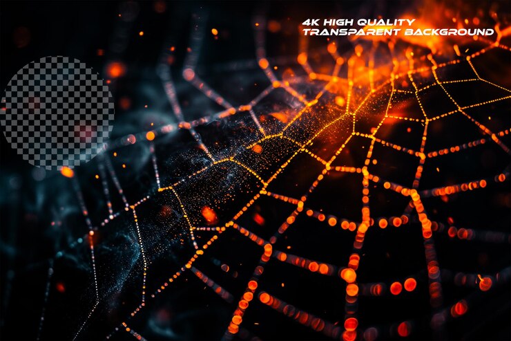 PSD red de araña colorida con llamas y polvo dinámico fondo transparente