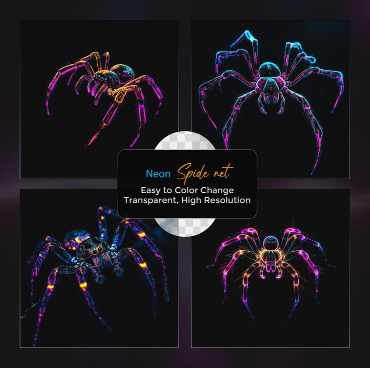 PSD una red de araña de neón de colores sobre un fondo transparente