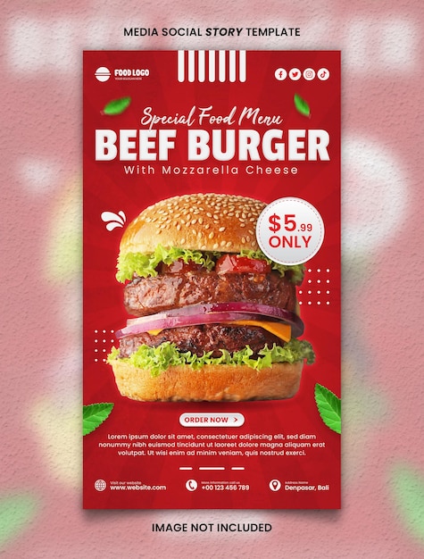 Red beef burger food menu und restaurant media social story post vorlage