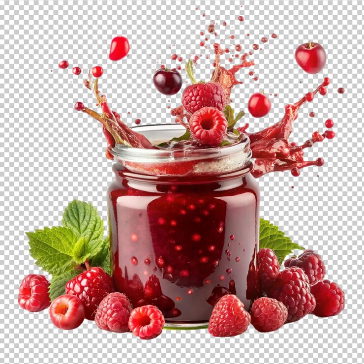 PSD red berry jam splash with little bubbles fruit on transparent background
