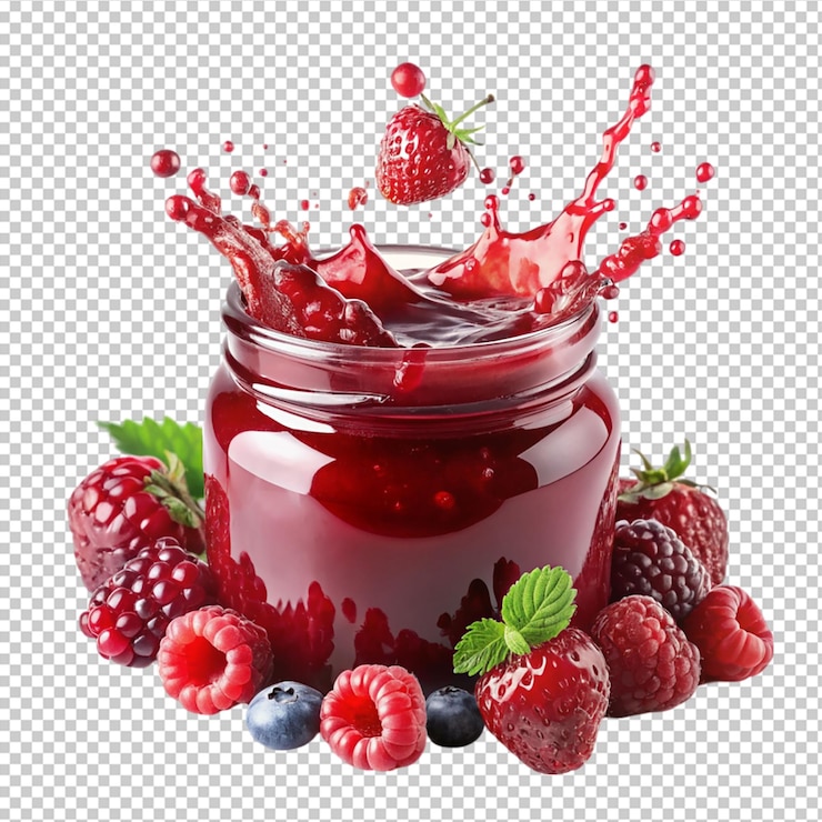 PSD red berry jam splash with little bubbles fruit on transparent background