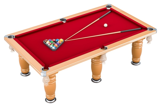 red billiard table with balls and cue 3d rendering isolated on transparent background