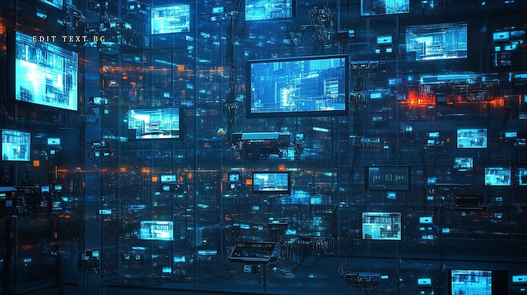 PSD red digital futurista con innumerables pantallas que muestran flujos de datos y conexiones