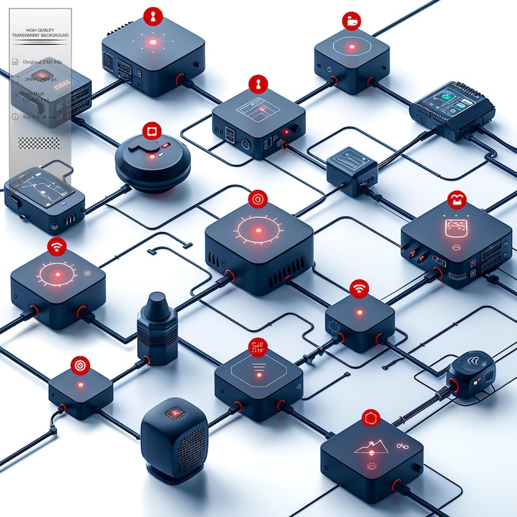 PSD una red de dispositivos interconectados que pueden recopilar y compartir datos en un fondo transparente