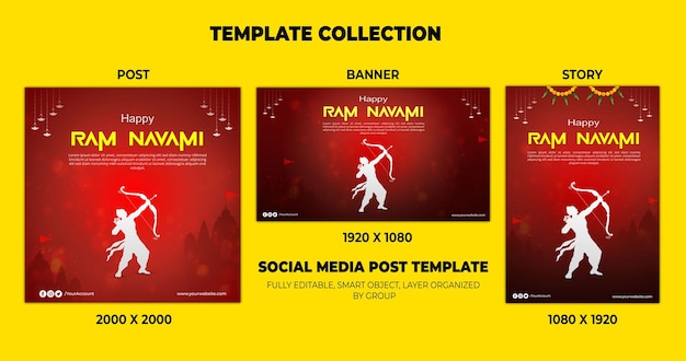 Red Happy Ram Navami Festival de l'hindouisme indien médias sociaux Post Set Design