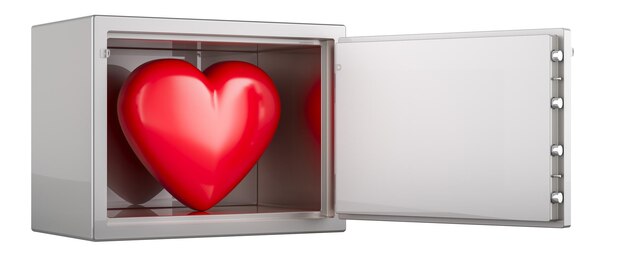 Red heart inside safe with combination lock 3D rendering isolated on transparent background