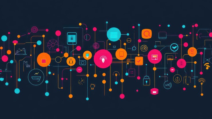 PSD una red de iconos interconectados que representan un sistema de hogar inteligente