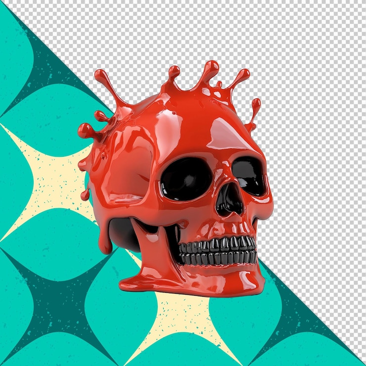 PSD red liquid skull abstract render 3d de un cráneo cubierto con pintura roja brillante