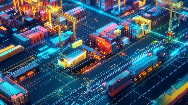 PSD red logística global de transporte de contenedores de envío digitalizados y manipulación automatizada de la carga