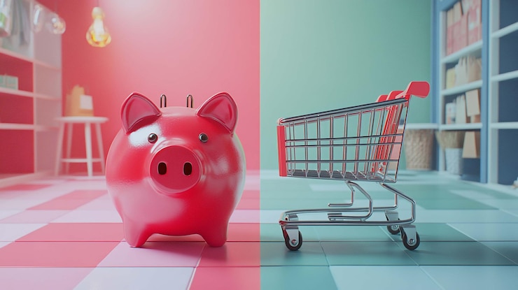 PSD red piggy bank y carrito de compras en una habitación colorida
