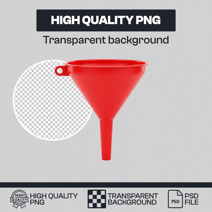 PSD red plastic funnel with transparent background