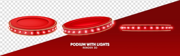 Red pódio 3d render com luzes em várias perspectivas em fundo transparente