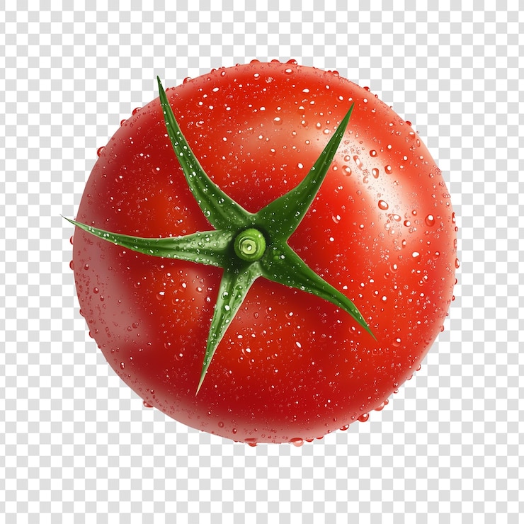 PSD red tomato glistens with fresh water droplets showing crisp green stem on transparent backdrop