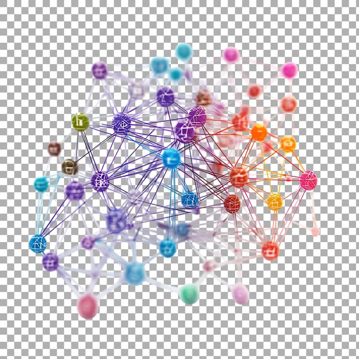 PSD red vibrante de nodos interconectados que simbolizan complejidad y conectividad contra un fondo transparente para proyectos de diseño o innovación tecnológica digital