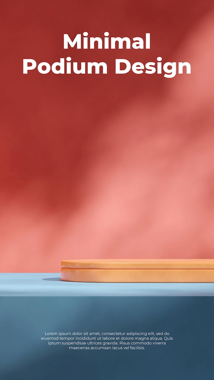 PSD red wall and blue floor 3d render image blank mockup orange shape podium in portrait