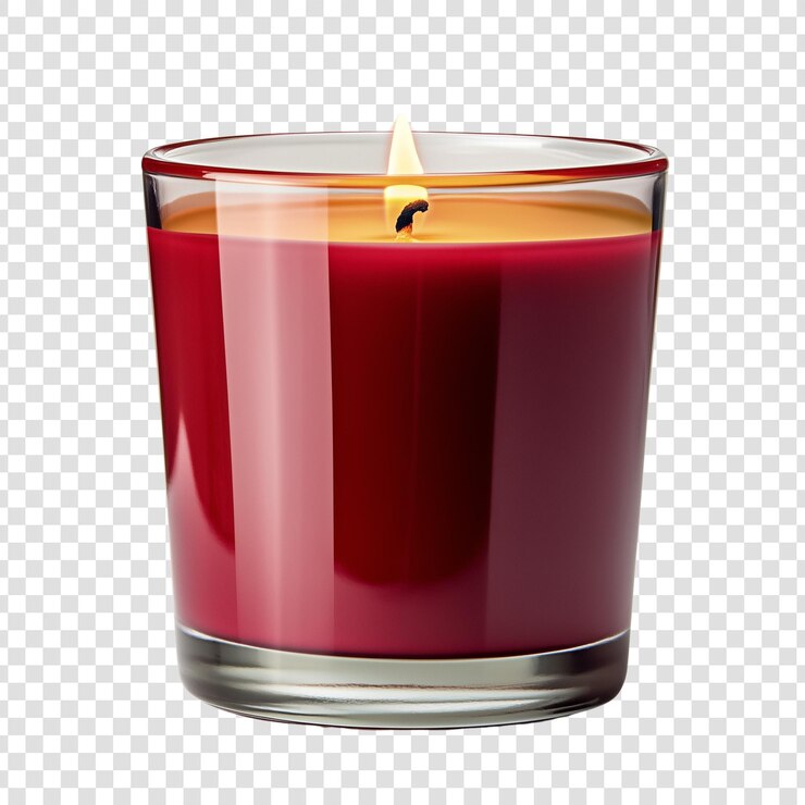 Red wax candle burns in a glass holder with transparent background