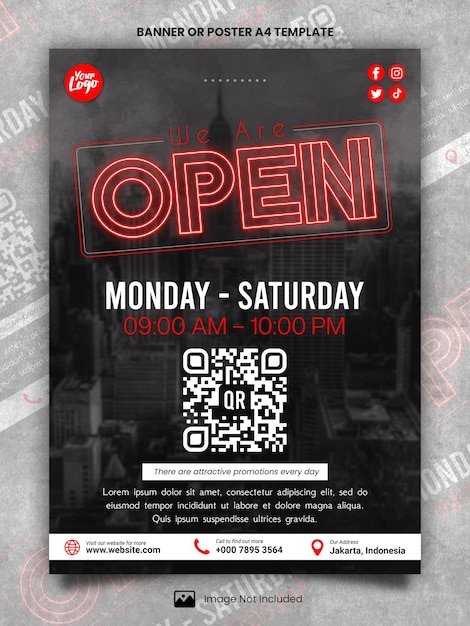 PSD red we are open poster a4 ou modèle de bannière