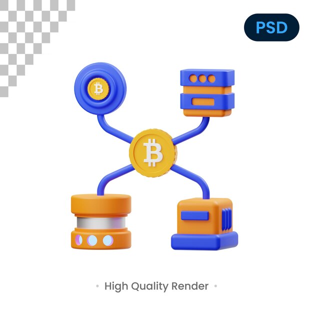 Rede bitcoin 3d render ilustração premium psd