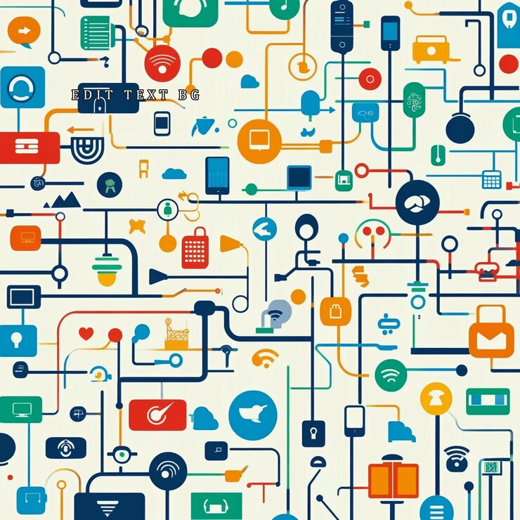PSD rede complexa de dispositivos interconectados e ícones tecnológicos