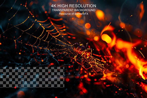 PSD rede de aranha com chama de fogo e poeira fritando em fundo transparente