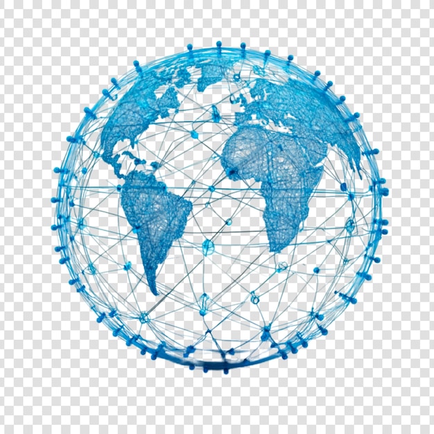 Rede global um modelo 3D da Terra com conexões interconectadas em um fundo transparente