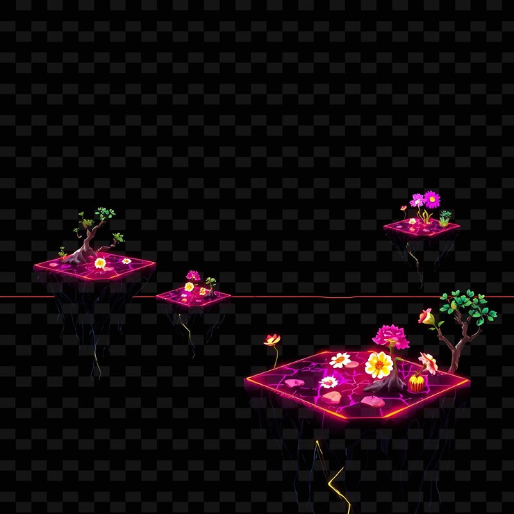 PSD redes de energía de píxeles piedras de píxels flores brillantes raíces cibernéticas el suelo es rastreado por el activo del juego energ