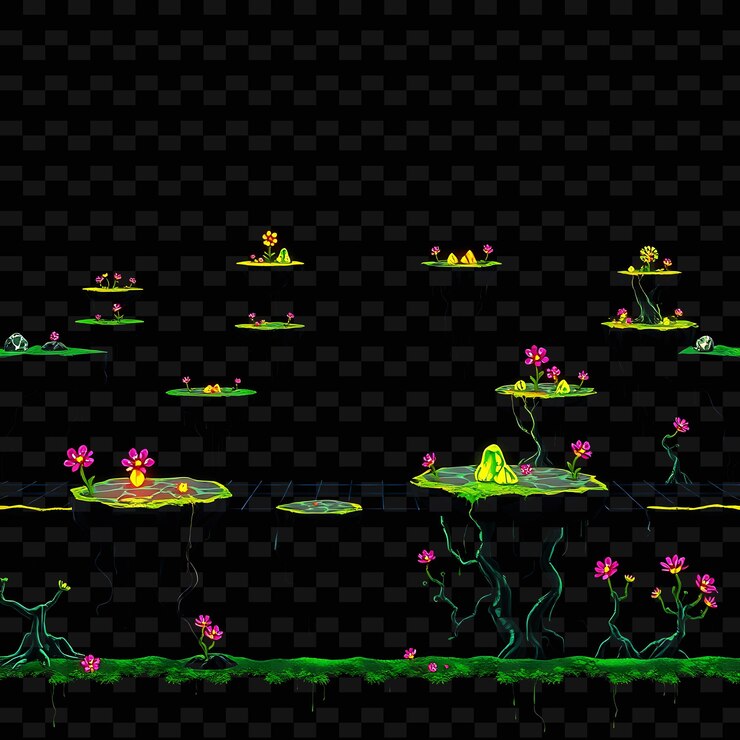 PSD redes de energía de píxeles piedras de píxels flores brillantes raíces cibernéticas el suelo es rastreado por el activo del juego energ
