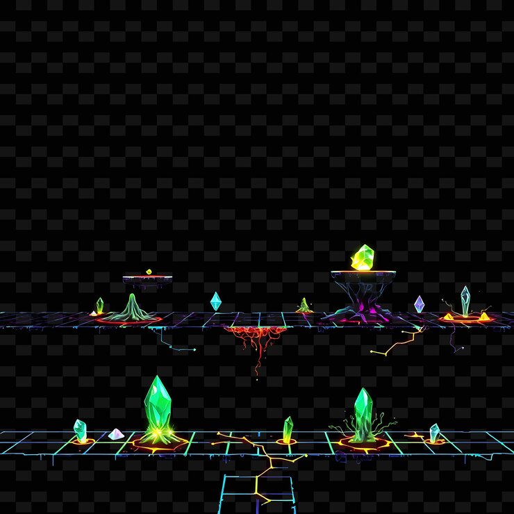 PSD redes de energía de píxeles piedras de píxels raíces brillantes cristales flotantes el suelo es rastreado por e game assetn
