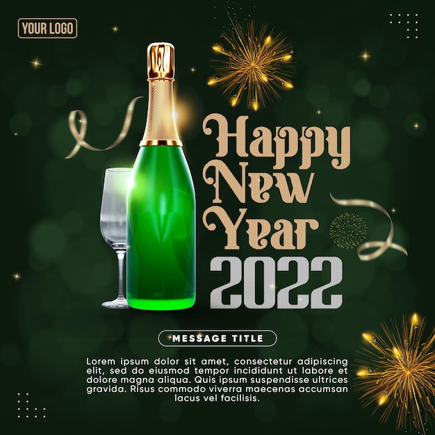Las redes sociales alimentan el feliz año nuevo 2022 con vino espumoso y copa decorativa