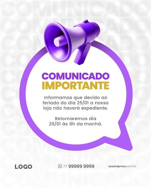 Redes sociales para avisos e comunicados roxo e amarelo para avisos y comunicados púrpura y amarillo