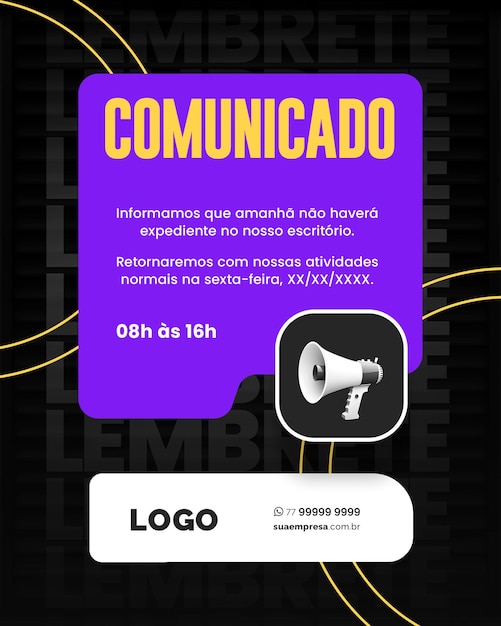 PSD redes sociales para avisos e comunicados roxo e amarelo para avisos y comunicados púrpura y amarillo