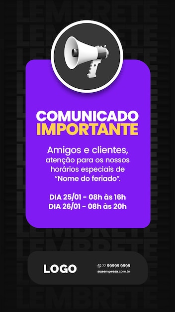 PSD redes sociales para avisos e comunicados roxo e amarelo para avisos y comunicados púrpura y amarillo