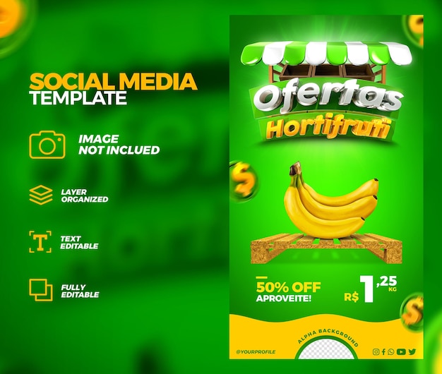 PSD redes sociales hortifruti ofrece promoción plantilla de publicación de historias de instagram render 3d premium psd