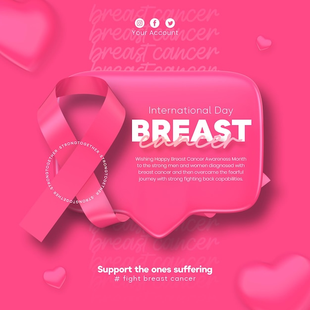 PSD redes sociales para octubre rosa en representación 3d para la campaña contra el cáncer de mama.