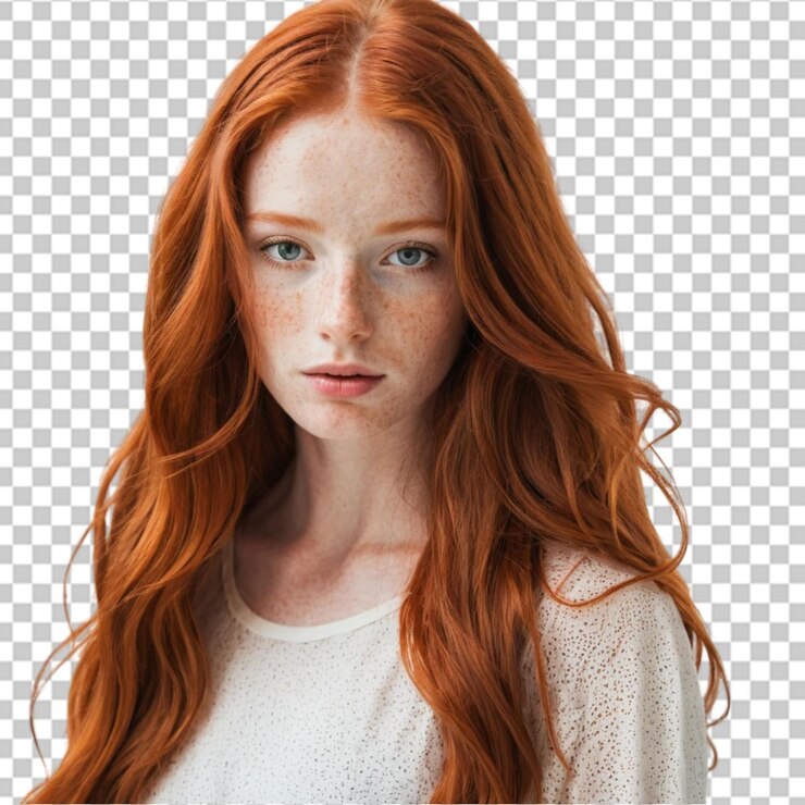 PSD une redhead époustouflante avec des taches de rousseur et des cheveux longs