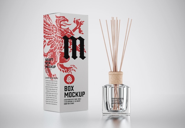 Reed Diffusor Glasflasche mit Box Mockup