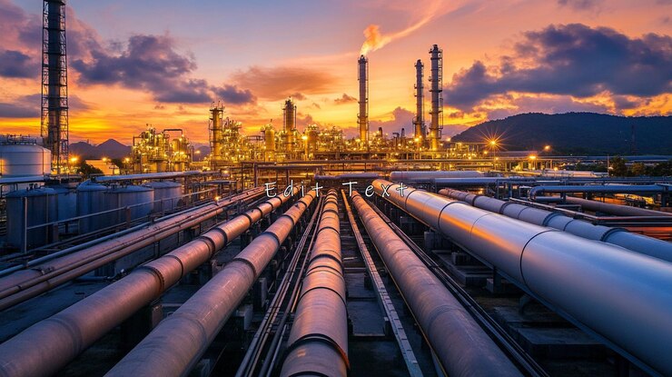 PSD refinería industrial en las tuberías y torres de puesta de sol