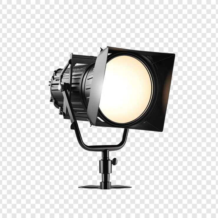 PSD un reflector de estudio negro con una luz cálida brillante que brilla desde su lente en un soporte contra un fondo transparente