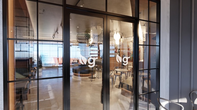 PSD reflexão de vidro de maquete de logotipo na porta de café de lugar aconchegante 3d renderizando sinal de marca brilhante