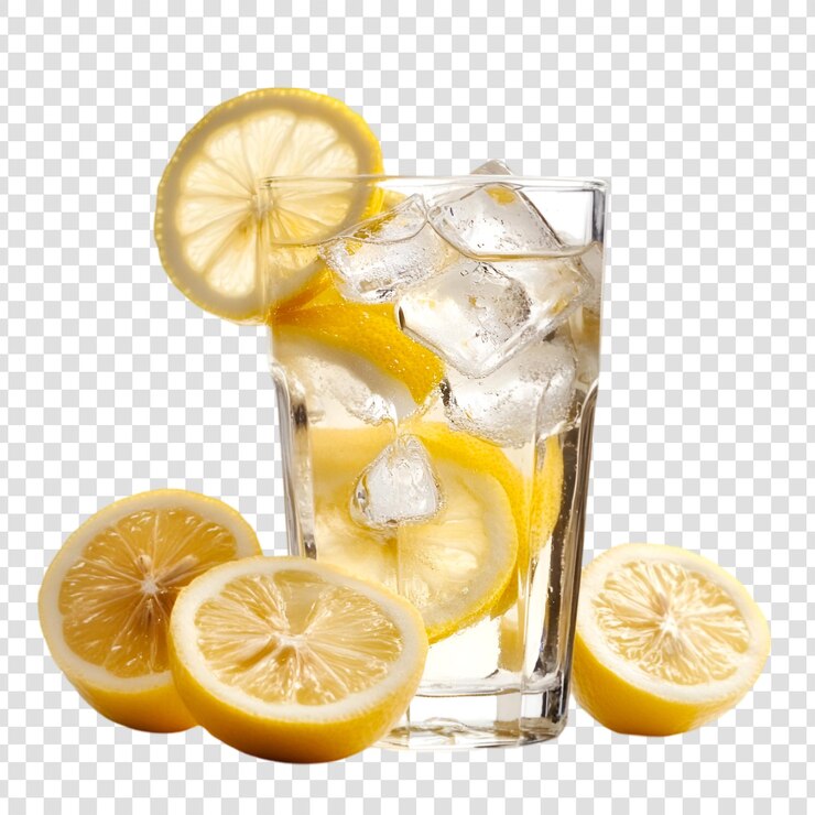 PSD refrescante agua de limón con hielo en un vaso sobre un fondo transparente