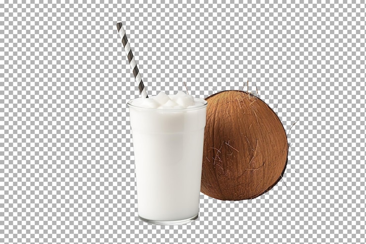 PSD refrescante batido de coco en un vaso junto a un coco entero sobre un fondo blanco sobre una superficie blanca o transparente png fondo transparente