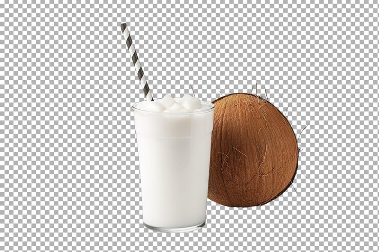 PSD refrescante batido de coco en un vaso junto a un coco entero sobre un fondo blanco sobre una superficie blanca o transparente png fondo transparente