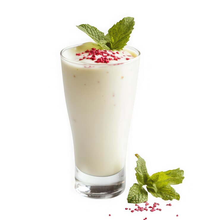 Refrescante batido de frambuesa y menta en un vaso alto