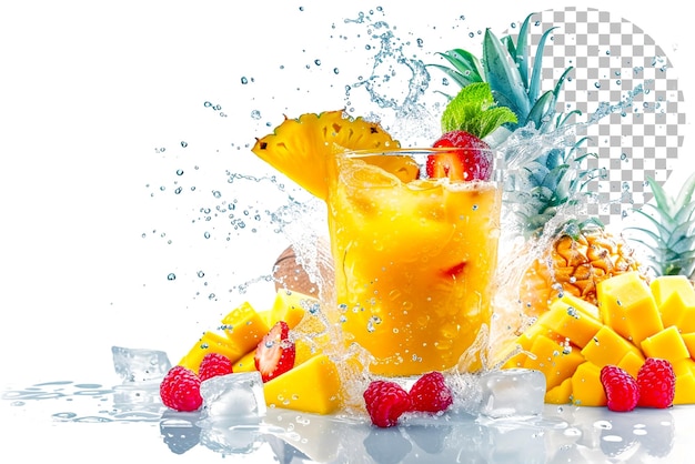 PSD refrescante batido con una mezcla tropical adornada con frutas sobre un fondo transparente