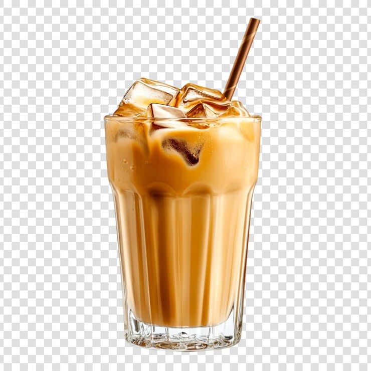 PSD una refrescante bebida de café helado en un vaso con una pajita en un fondo transparente
