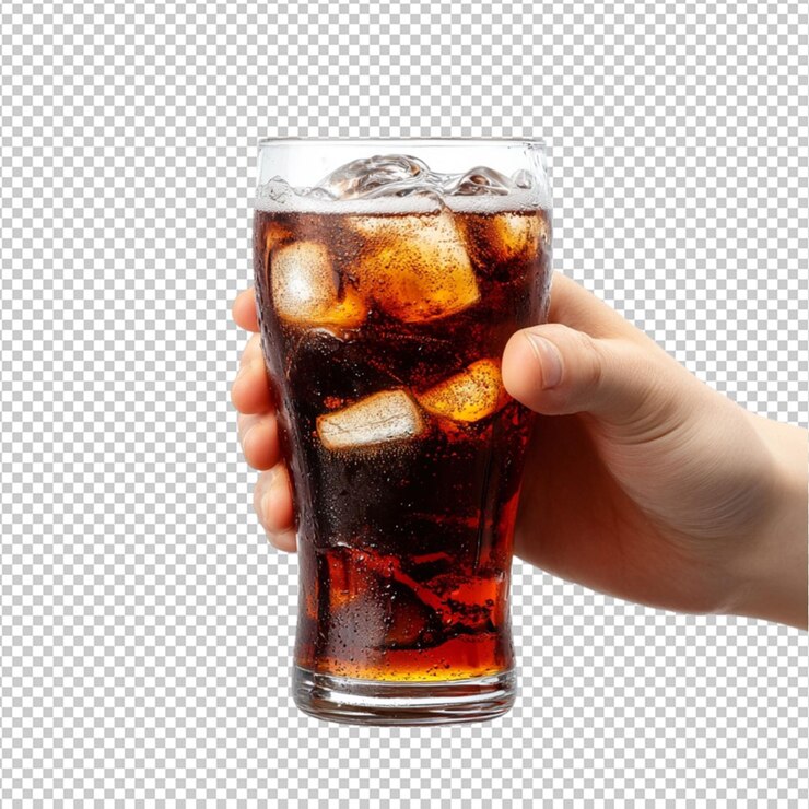 PSD refrescante coca-cola con hielo bebida en vidrio bebida de mano enlatada comida oscura fría refresco marrón suave dulce