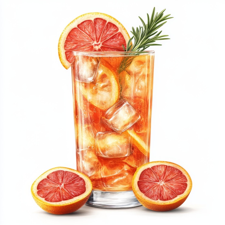 PSD refrescante cóctel de cítricos con hielo y guarnición de pomelo fresco y romero sobre fondo blanco