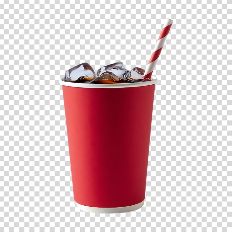 PSD una refrescante cola en una taza roja aislada sobre un fondo transparente