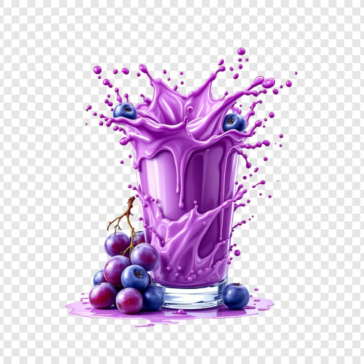 PSD refrescante jugo de uva salpicado uvas de vidrio beber bebida púrpura fruta saludable delicioso sudor