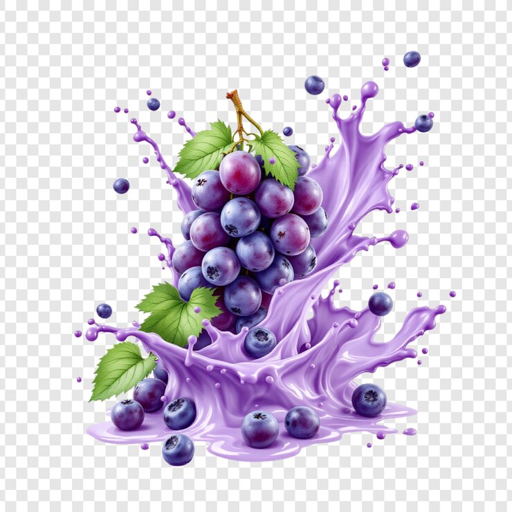 PSD refrescante jugo de uva salpicado uvas de vidrio beber bebida púrpura fruta saludable delicioso sudor
